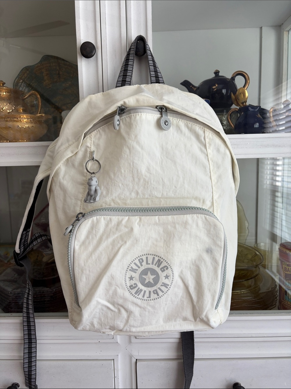 Kipling Off-White Nylon Backpack with Monkey Key Charm